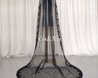 Black Chapel Length Wedding Vei 90 inches/ 230cm Lace Bridal Veil with Metal Comb