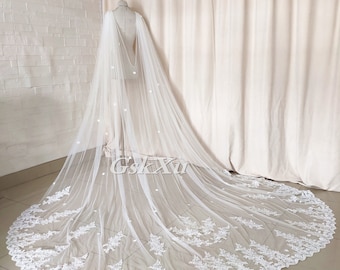 3 Meters Lace Shoulder Veil Wedding Cape Cathedral Length Bridal Cloak in White ,Off-White ,Ivory