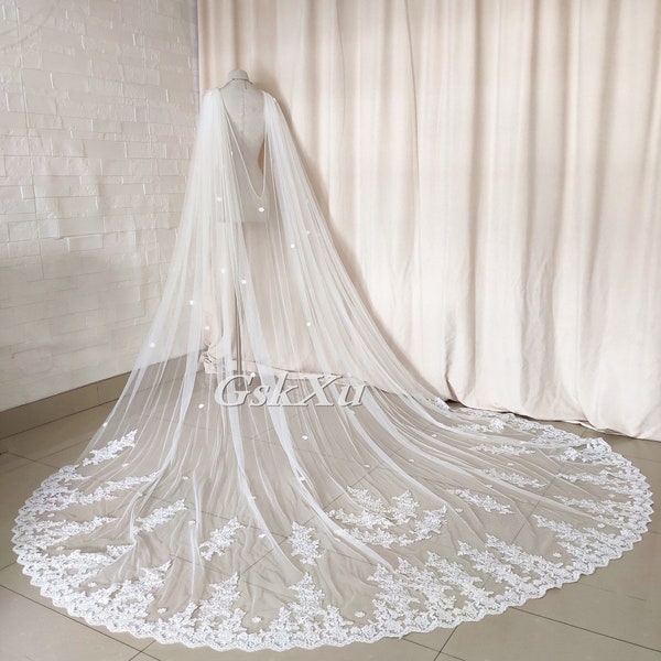 3 Meter Spitze Schulter Schleier Hochzeit Cape Kathedrale Länge Brautumhang in Weiß, Off-White, Ivory