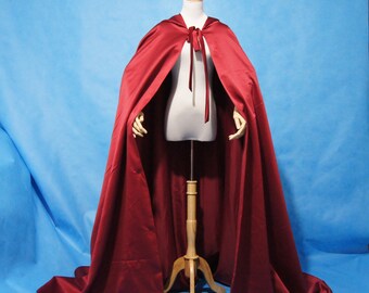 Wine Long Hooded Cape Medieval Wedding Cape Bridal Cloak Satin Cape with Hood Handfasting
