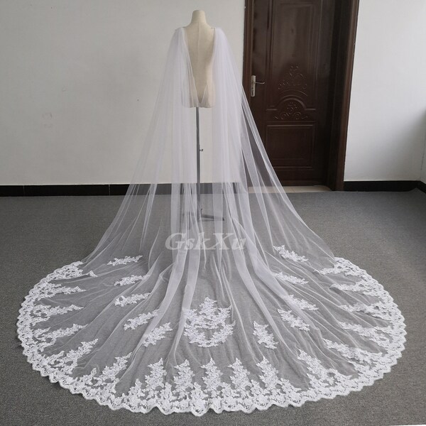 118" (300cm) Shoulder Veil Lace Wedding Cape Cathedral Bridal Cloak in White ,Off-White ,Ivory