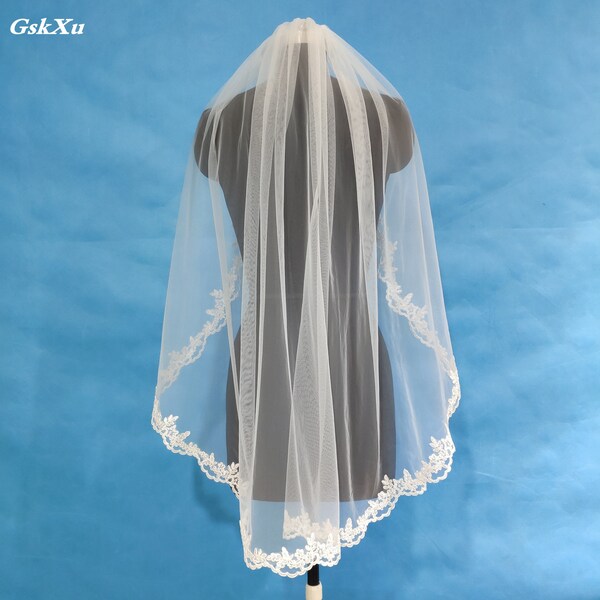 Fingertip Wedding Veil 1 Layer Lace Bridal Veil White ,Off-White, Ivory Veil Metal Comb