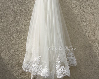 2 Layer Fingertip Length Bridal Veil  Soft Lace Wedding Veil