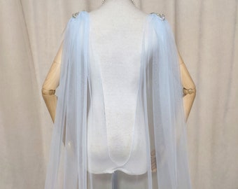 Baby Blue Bridal Cape Veil Rhinestone Appliques on Shoulders 230 cm Long