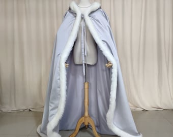 Silver Wedding Cloak with Hooded,Satin with Faux Fur Trim , Costume Cloak, Fantasy Cape, Cosplay Cloak, Bridal Cape