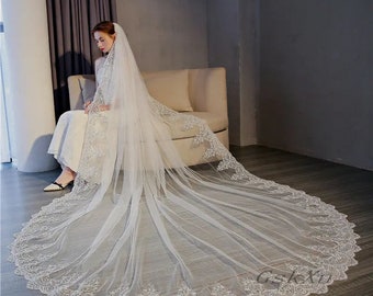 Voile de mariée en dentelle une couche de longueur cathédrale avec peigne en métal