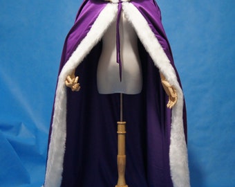 Purple Bridal Cloak Hooded Faux Fur Trim Satin Wedding Cape Shawl