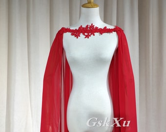 Bright Red Chiffon 2 Meters Shawl Bridal Cape Wedding Cloak