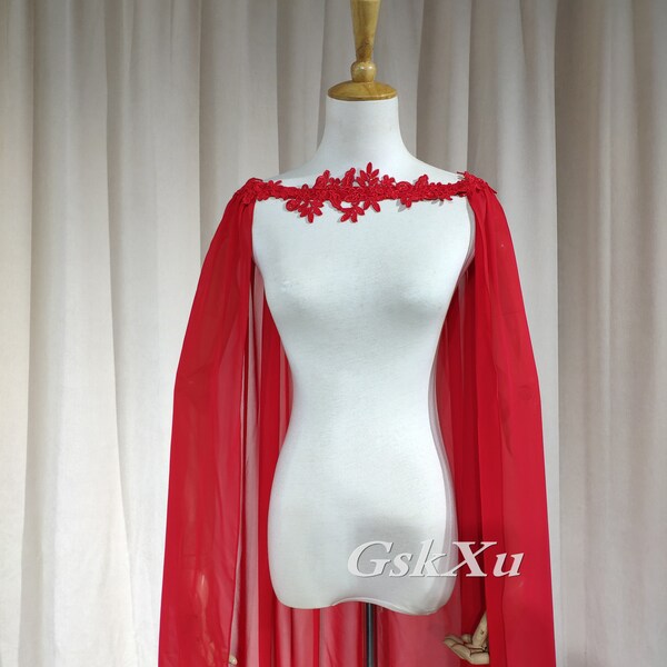 Bright Red Chiffon 2 Meters Shawl Bridal Cape Wedding Cloak