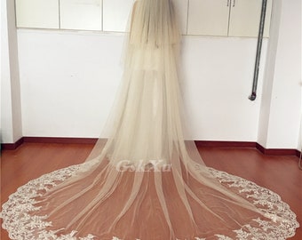 2 Layer Wedding Accessories Veils Cathedral Length Lace Veil Long Bridal Veil with Metal Comb in White , Off-White , Ivory