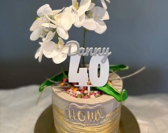 Birthday cake topper with two or three digit number (10-100 + ?) and name in two colors