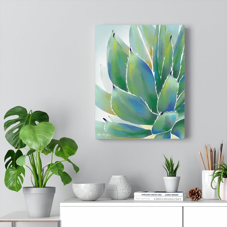 Agave Watercolor Canvas Succulent Painting Printed on canvas, Botanical Wall Art Colorful Succulent Wall Art, Framed Canvas, desert wall art image 5
