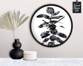 Monochrome Botanical Wall Clock, Original Watercolor Floral Decor, Modern Minimal Clock For Office Living-room Kitchen, Housewarming Gift