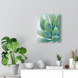 Agave Watercolor Canvas Succulent Painting Printed on canvas, Botanical Wall Art Colorful Succulent Wall Art, Framed Canvas, desert wall art image 3