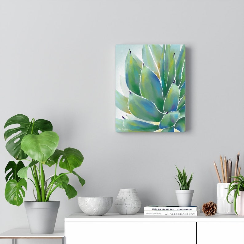 Agave Watercolor Canvas Succulent Painting Printed on canvas, Botanical Wall Art Colorful Succulent Wall Art, Framed Canvas, desert wall art image 3