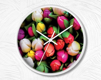 Colorful Tulips Wall Clock, Floral Botanical Home Decor, Modern Minimal Clock For Office Living-room Kitchen, Housewarming Gift