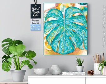 Abstract Monstera Art Printed on Canvas Original Green Plants Painting Large Leaves Art Living room Wall Decor Large Modern Wall Art