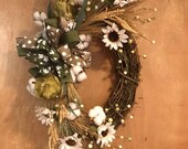 Rustic Sunflower Wreath , Cotton Wreath , Farmhouse decor