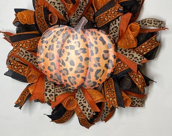 Leopard Pumpkin wreath , Front door wreath , Fall wreath