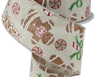 May include: A roll of beige burlap ribbon with a printed design of gingerbread men, candy canes, and peppermint candies. The ribbon is 2.5 inches wide.