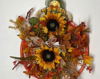 Fall bicycle wheel , Scarecrow bicycle wheel for front door