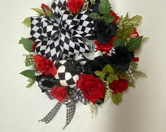 Elegant Halloween wreath , black and white decor , Harlequin Pumpkin