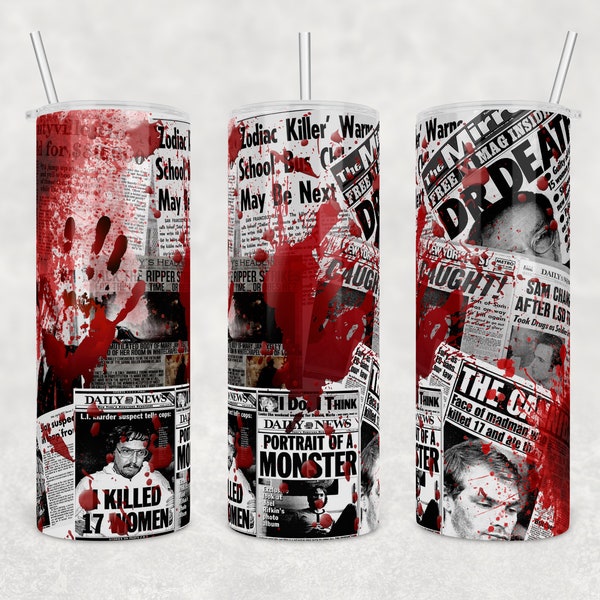 Gobelet SKINNY 20 oz | Histoires de tueurs en série dans un journal avec du sang | Téléchargement numérique | Fichier de sublimation | Toboggan aquatique | Fichier PNG