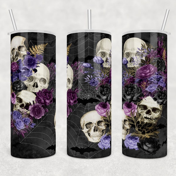 Skulls with flowers, cobwebs and bats | Halloween | 20 oz Skinny Tumbler Wrap | Digital Download | Sublimation | png file