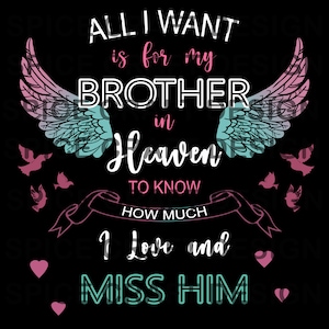 May include: A black background with a pink and blue angel wing design. The text reads "All I want is for my brother in heaven to know how much I love and miss him".
