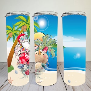 Święty Mikołaj na plaży z palmami | 20 oz Skinny Tumbler | Sublimacja | Zjeżdżalnia wodna | PNG