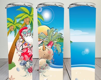 Santa on the Beach with Palm Trees | 20 oz Skinny Tumbler | Sublimation | Waterslide | PNG