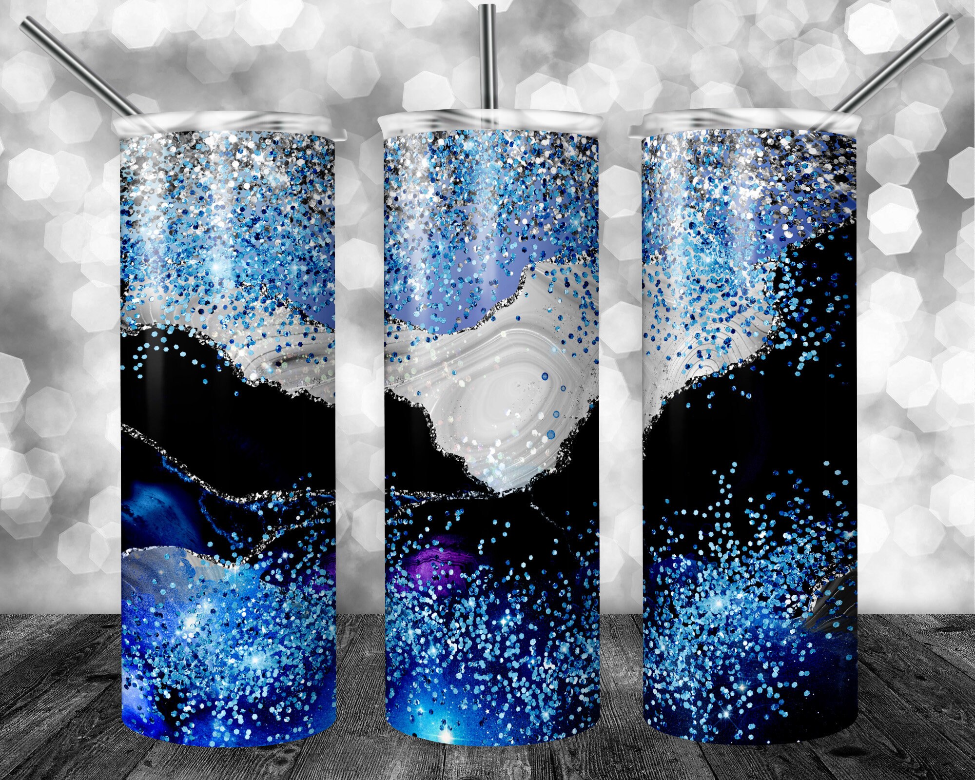 20 Oz SKINNY Tumbler Design | Blue and Black Agate | Silver Blue ...
