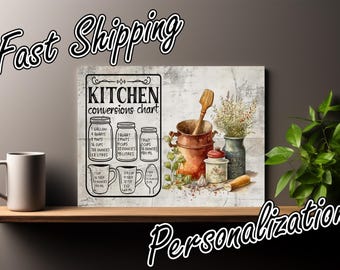May include: A vintage-style kitchen conversion chart with a rustic background. The chart includes measurements for gallons, quarts, pints, cups, ounces, and liters. The chart is surrounded by kitchen utensils and herbs.