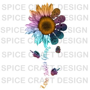 Puede incluir: Un girasol colorido con un centro hecho de calaveras de azúcar. El tallo del girasol tiene las palabras "Love Grows" escritas en él. El girasol está rodeado de un fondo blanco.