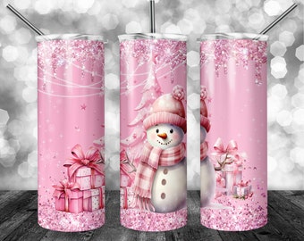 Bonhomme de neige de Noël rose | Conception de gobelet SKINNY de 20 oz | Paillettes roses | Personnalisé | Téléchargement numérique | Image sublimée | png