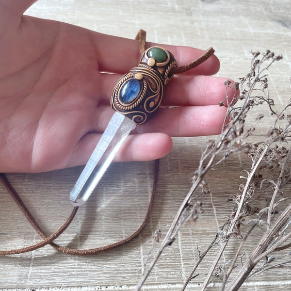 High Quality Australian Clear Quartz Wand Point + AA Grade Kyanite + Nephrite Jade Pendant Necklace Handmade Polymer Clay Talisman