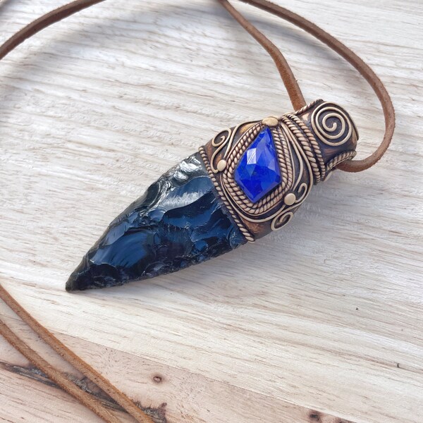 Powerful Hand knapped Obsidian Arrowhead with AA Grade faceted Lapis Lazuli Pendant Necklace Handmade Polymer Clay Crystal Talisman
