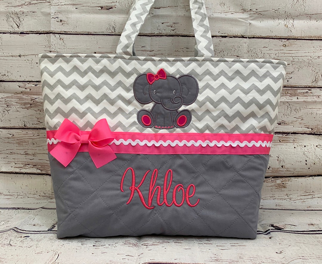Quilted Elephant Diaper Bag Hot Pink Baby Girl Grey Gray Monogram