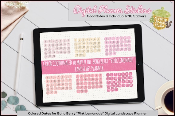 Colored Number Stickers Color Coordinated for the Boho Berry pink Lemonade  Landscape Planner 