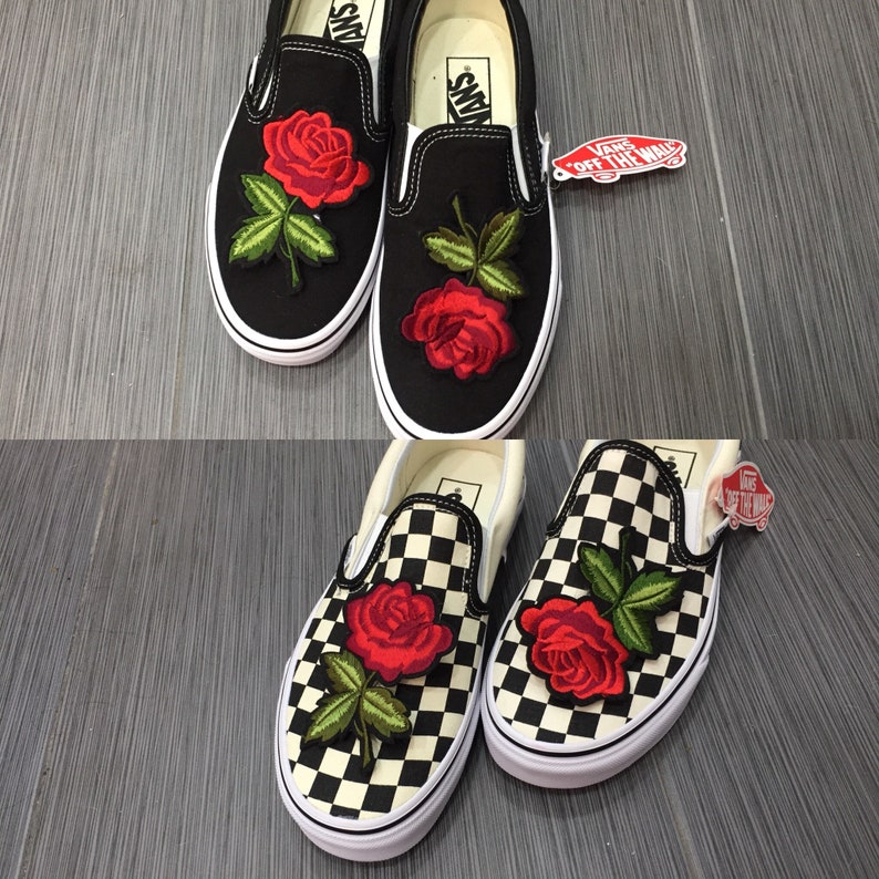 Slip on vans red rose checkered vans black vans back to school | Etsy