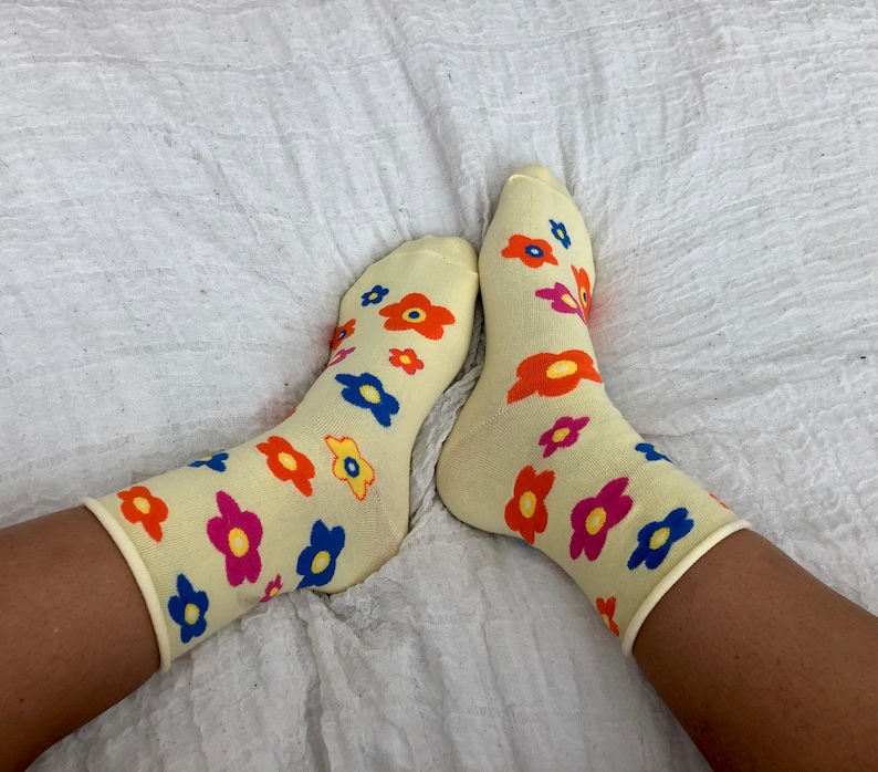 Flower Socks, Yellow Socks, Cotton Socks, Cute Socks, Woman Socks, Girl ...