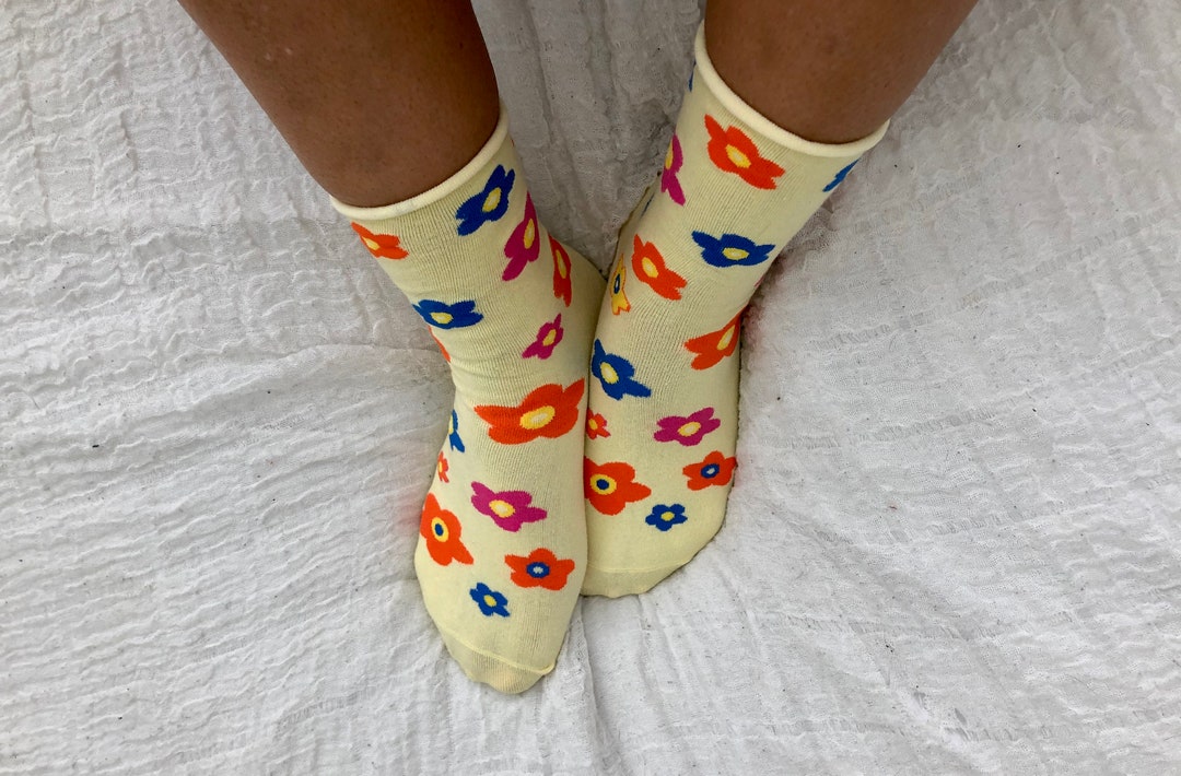 Flower Socks, Yellow Socks, Cotton Socks, Cute Socks, Woman Socks, Girl ...