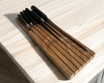 Solid Oak Handcrafted Knife Holder for Kitchen Draws.  Made in UK.
