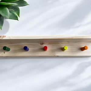 Stylish wooden coat hook with integrated shelf ideal for children&#39;s room,  handmade in UK