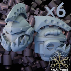 May include: Two light blue, stylized, 3D-printed figures with sharp teeth and headgear. The figures are displayed against a background of dark geometric shapes. The number "x6" is visible above the figures. A logo with the text "ATLAN FORGE" is in the bottom right corner.