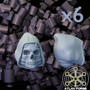 May include: Two light blue skull-shaped objects with a hood, one with a detailed skull face. The image includes the text "x6" and a logo with the text "ATLAN FORGE". The background is filled with dark grey geometric shapes.
