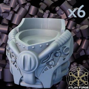 May include: A light gray, futuristic-looking container with intricate mechanical details. The container has a circular opening and is adorned with rivets, tubes, and a central circular design. The number "x6" is visible in the upper right corner.