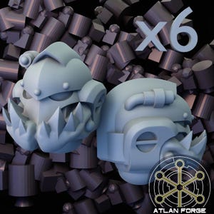 May include: Two light gray, stylized, robotic-looking heads with sharp teeth and angular features. The text "x6" is above the heads. The background is a collection of dark gray geometric shapes. The logo "ATLAN FORGE" is in the lower right corner.