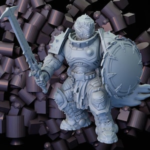 May include: A detailed, light gray warrior figure, clad in armor and holding a large sword and shield. The figure has a helmet and is posed against a background of geometric shapes. The armor has intricate details.