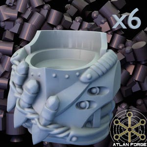 May include: A light blue, 3D-printed miniature tabletop gaming terrain piece. The piece has a cylindrical interior and is surrounded by stylized armor-like details. The number "x6" is visible in the upper right corner. The logo "ATLAN FORGE" is visible in the lower right corner.